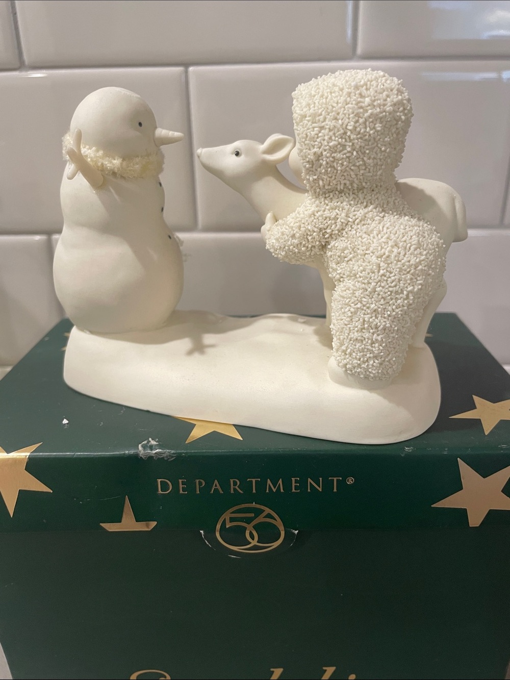 Department 56 Cream Snowman, Child and Deer Figurine “ Deer Friends”